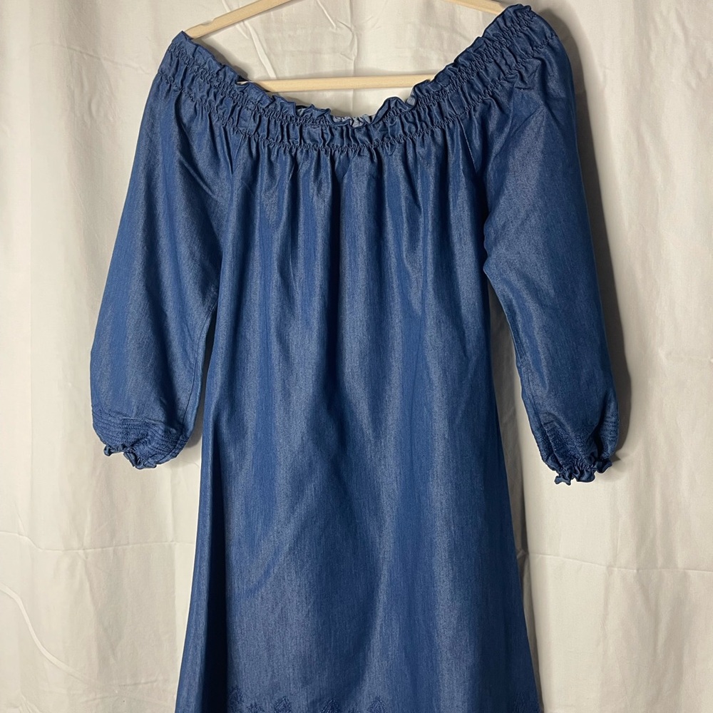 Blue Ruffled Off-Shoulder Sundress with Bishop Sleeves